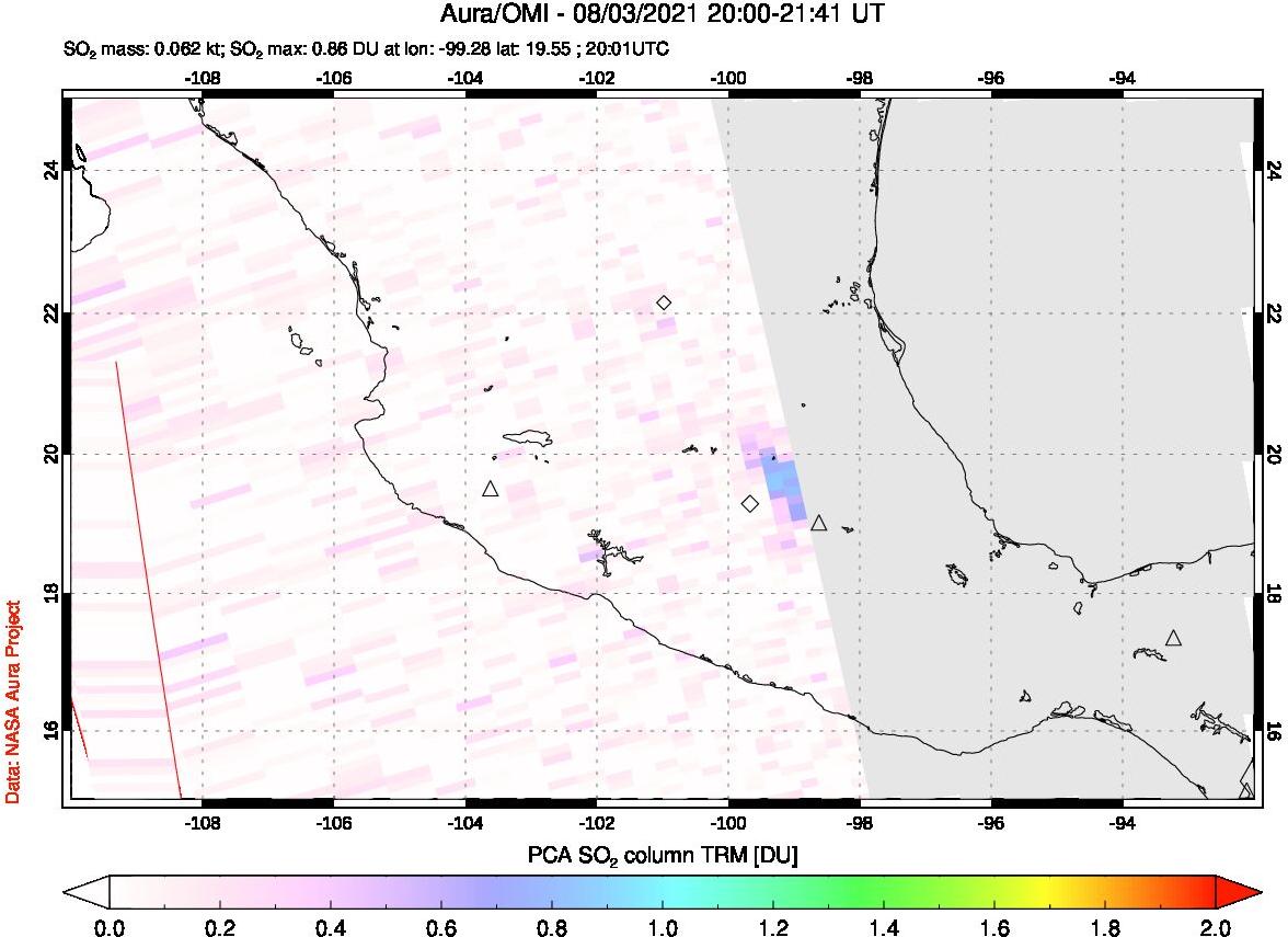 A sulfur dioxide image over Mexico on Aug 03, 2021.