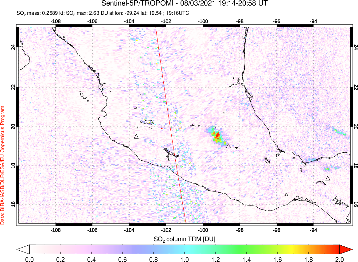 A sulfur dioxide image over Mexico on Aug 03, 2021.
