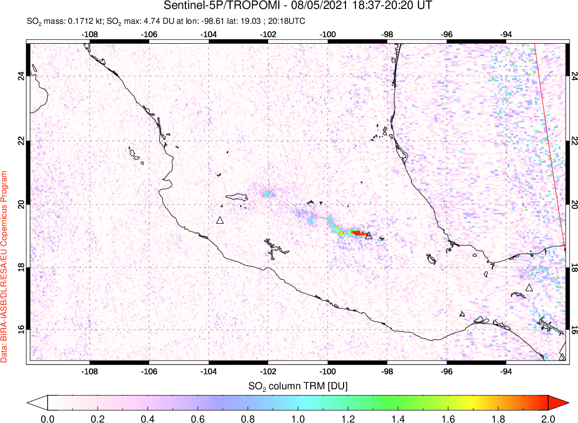 A sulfur dioxide image over Mexico on Aug 05, 2021.