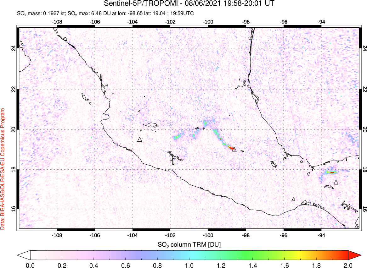A sulfur dioxide image over Mexico on Aug 06, 2021.