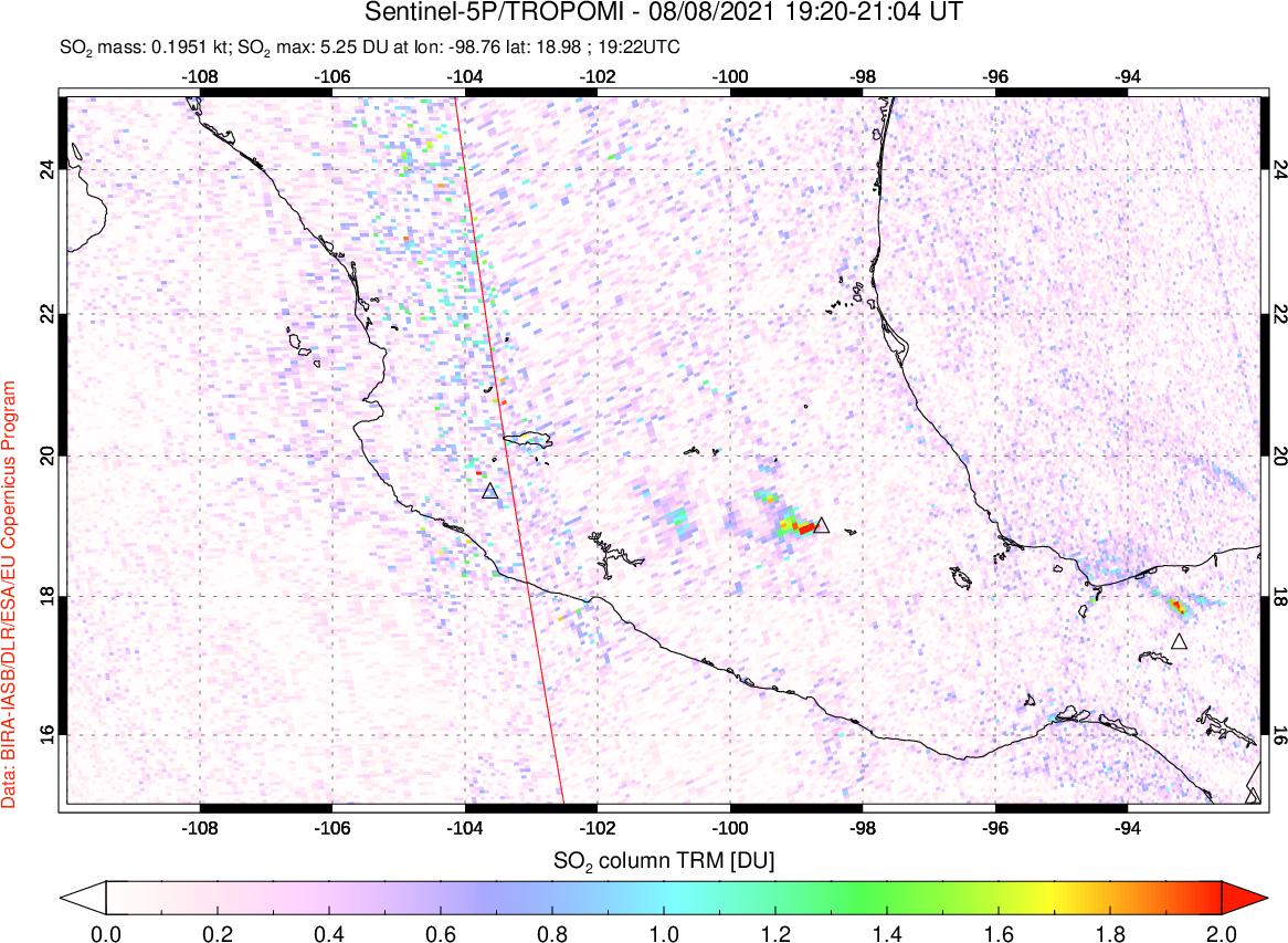 A sulfur dioxide image over Mexico on Aug 08, 2021.