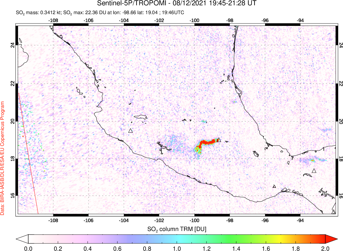A sulfur dioxide image over Mexico on Aug 12, 2021.