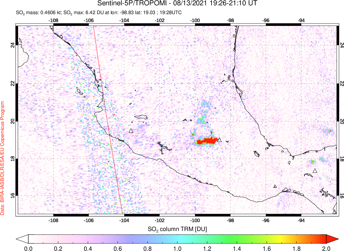 A sulfur dioxide image over Mexico on Aug 13, 2021.