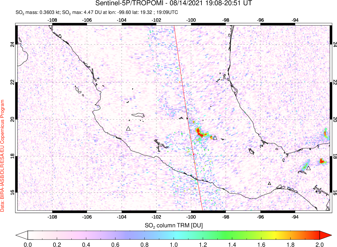 A sulfur dioxide image over Mexico on Aug 14, 2021.