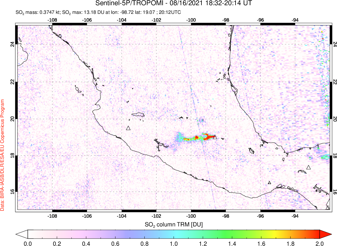 A sulfur dioxide image over Mexico on Aug 16, 2021.