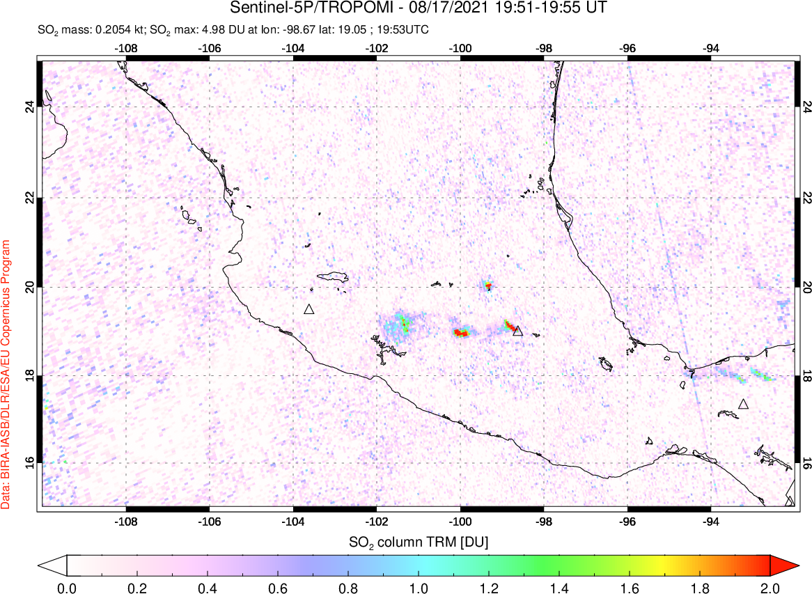 A sulfur dioxide image over Mexico on Aug 17, 2021.