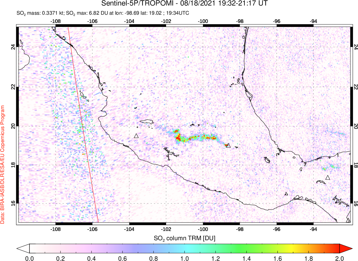 A sulfur dioxide image over Mexico on Aug 18, 2021.