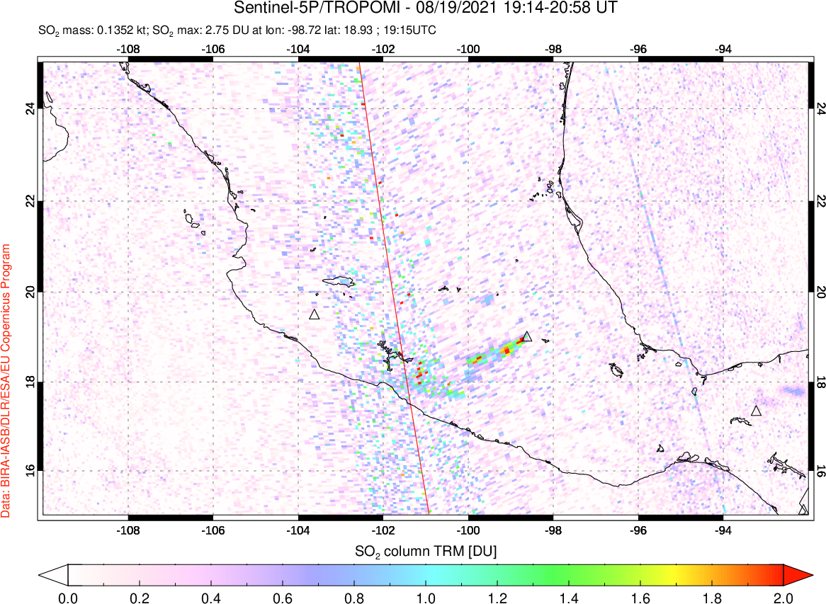 A sulfur dioxide image over Mexico on Aug 19, 2021.