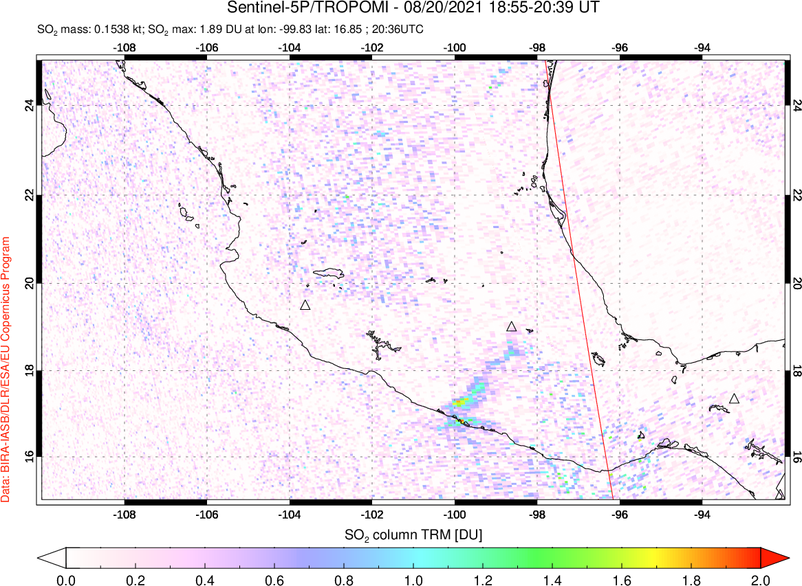 A sulfur dioxide image over Mexico on Aug 20, 2021.