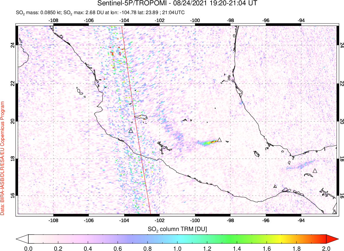 A sulfur dioxide image over Mexico on Aug 24, 2021.