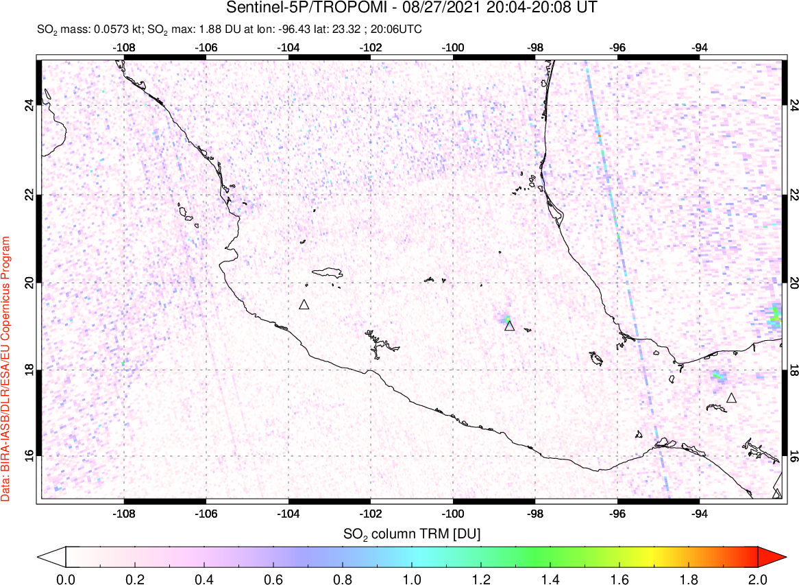 A sulfur dioxide image over Mexico on Aug 27, 2021.