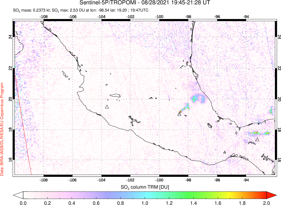 A sulfur dioxide image over Mexico on Aug 28, 2021.