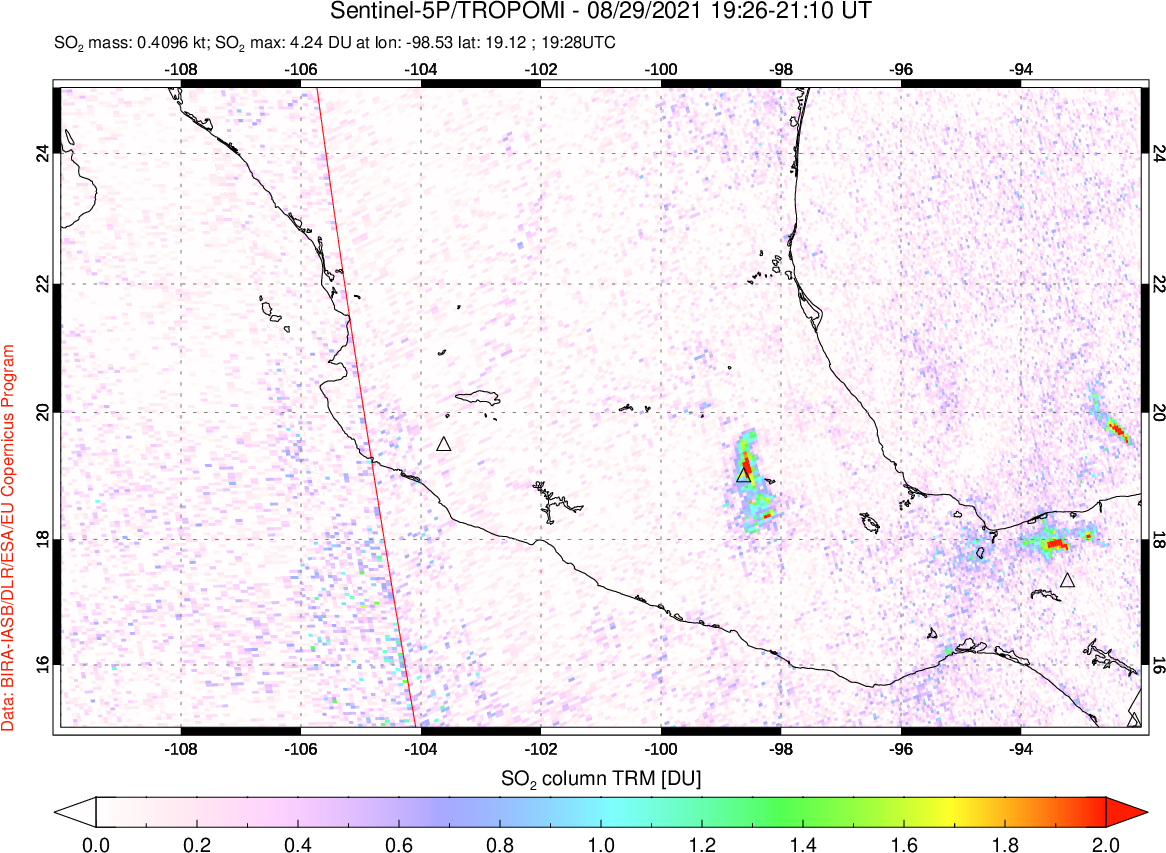 A sulfur dioxide image over Mexico on Aug 29, 2021.