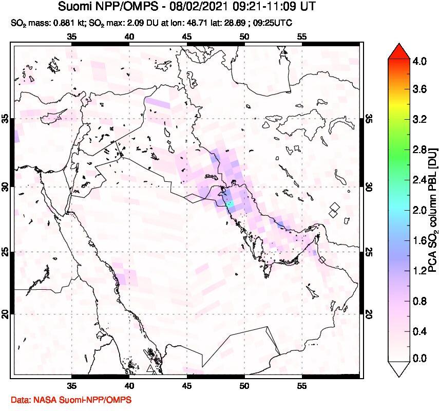 A sulfur dioxide image over Middle East on Aug 02, 2021.