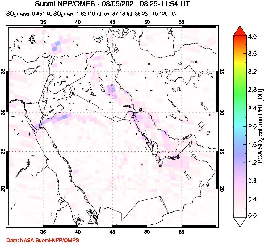 A sulfur dioxide image over Middle East on Aug 05, 2021.