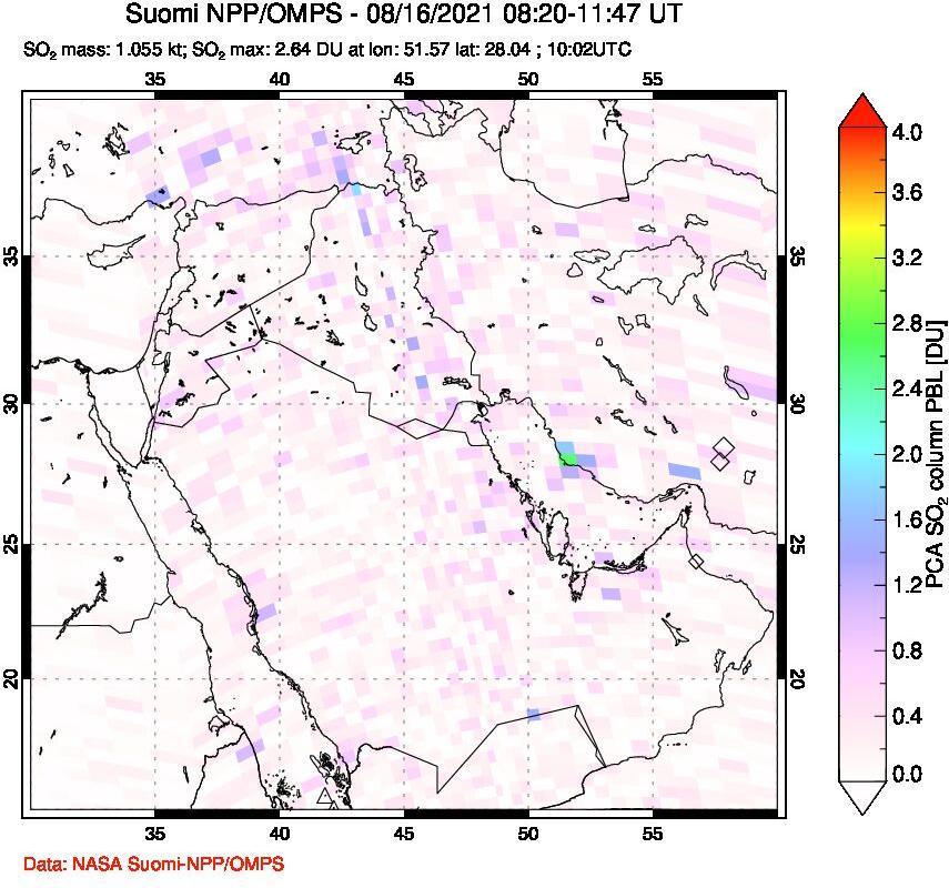 A sulfur dioxide image over Middle East on Aug 16, 2021.
