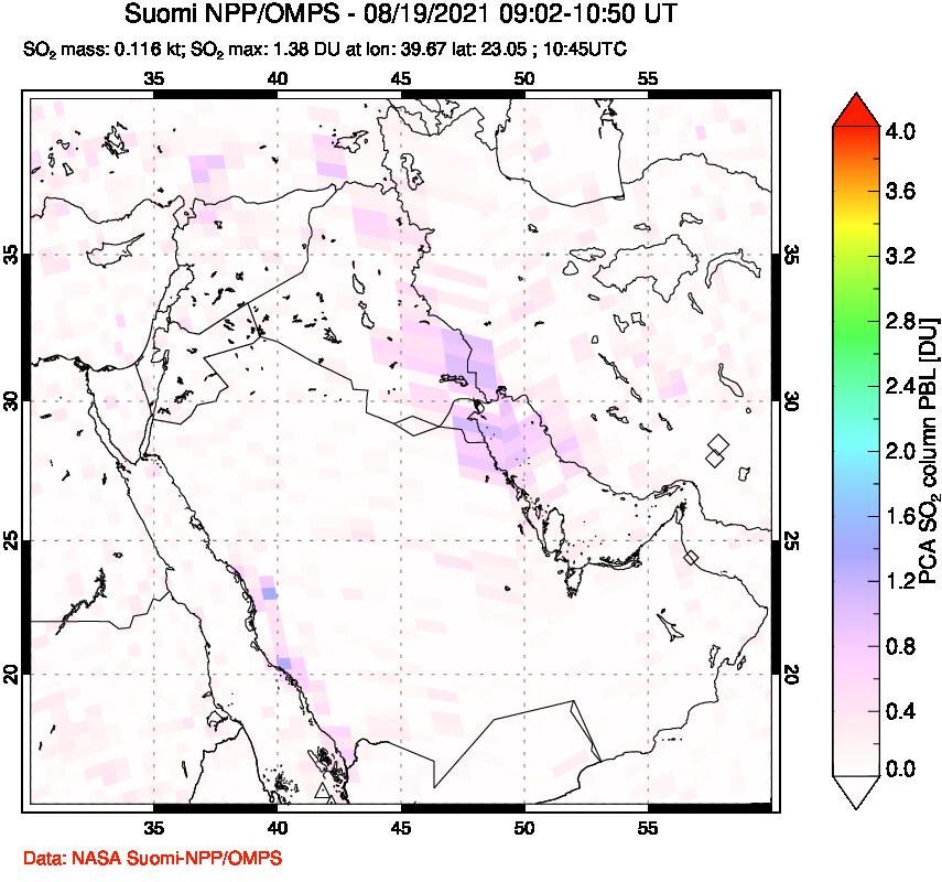A sulfur dioxide image over Middle East on Aug 19, 2021.