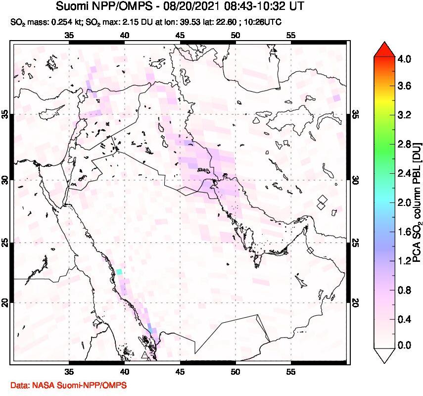A sulfur dioxide image over Middle East on Aug 20, 2021.