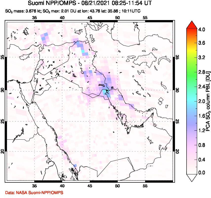 A sulfur dioxide image over Middle East on Aug 21, 2021.