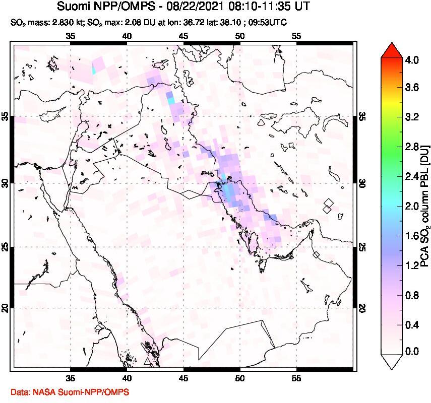 A sulfur dioxide image over Middle East on Aug 22, 2021.