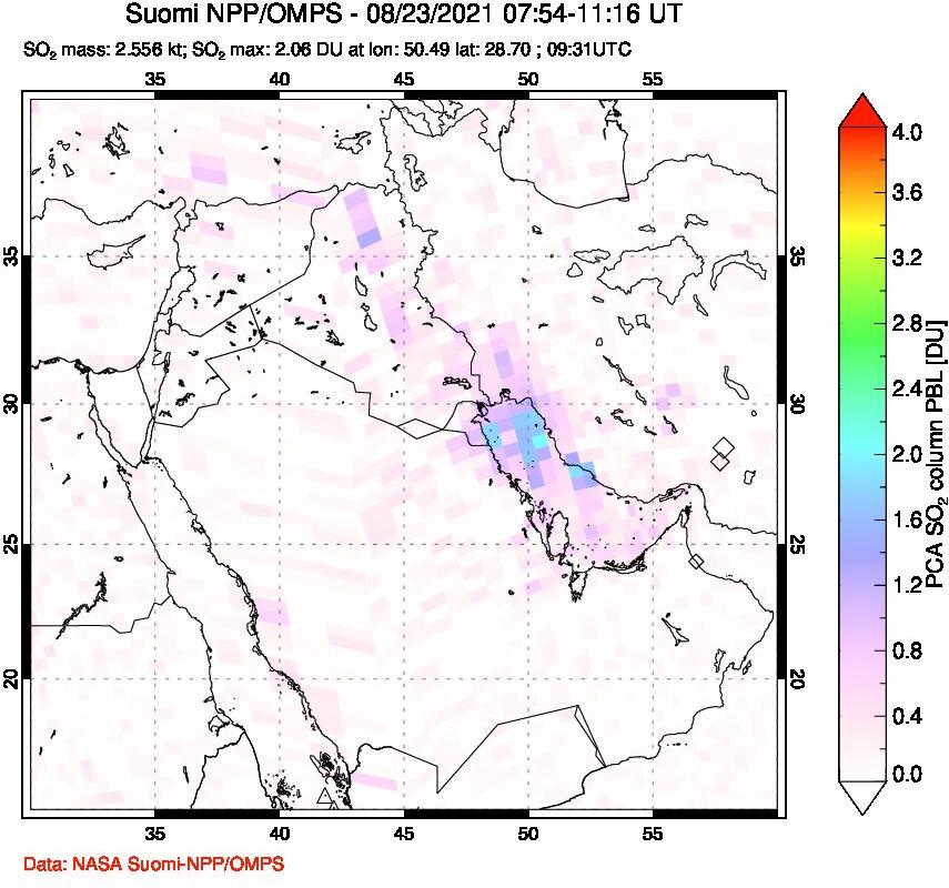 A sulfur dioxide image over Middle East on Aug 23, 2021.