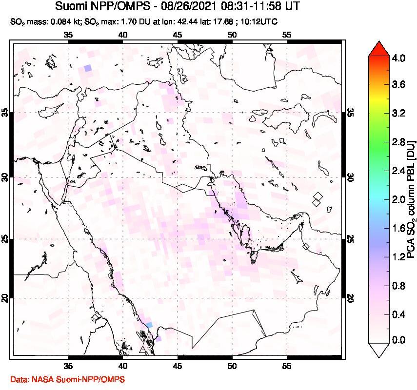 A sulfur dioxide image over Middle East on Aug 26, 2021.