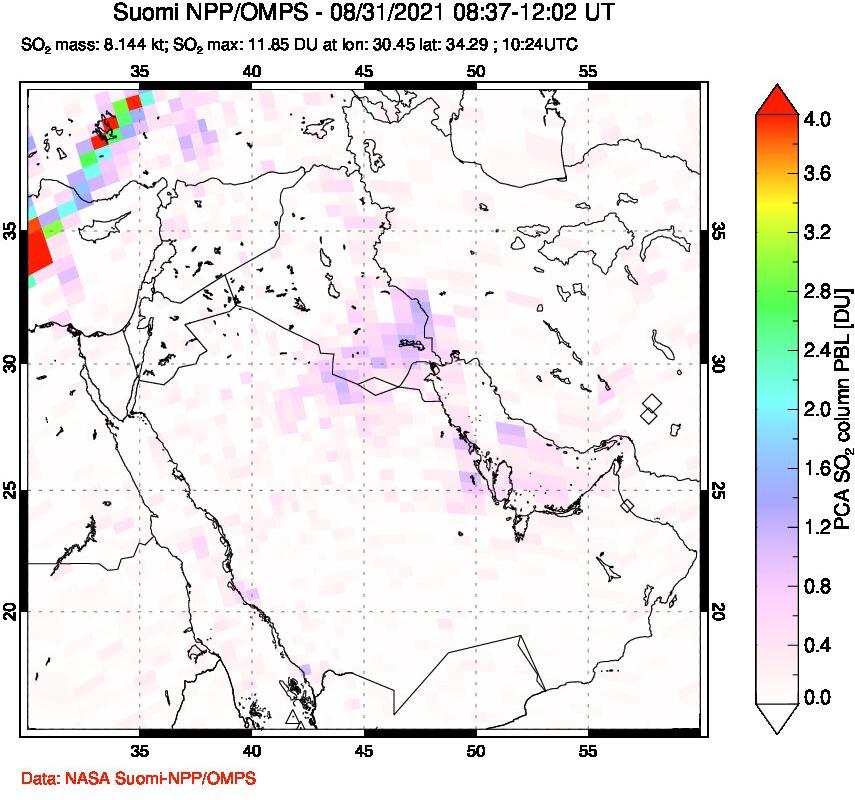 A sulfur dioxide image over Middle East on Aug 31, 2021.