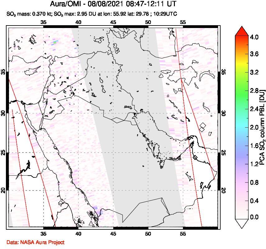 A sulfur dioxide image over Middle East on Aug 08, 2021.