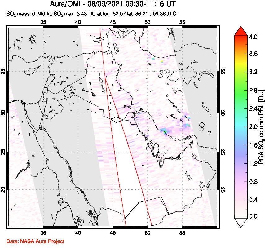 A sulfur dioxide image over Middle East on Aug 09, 2021.