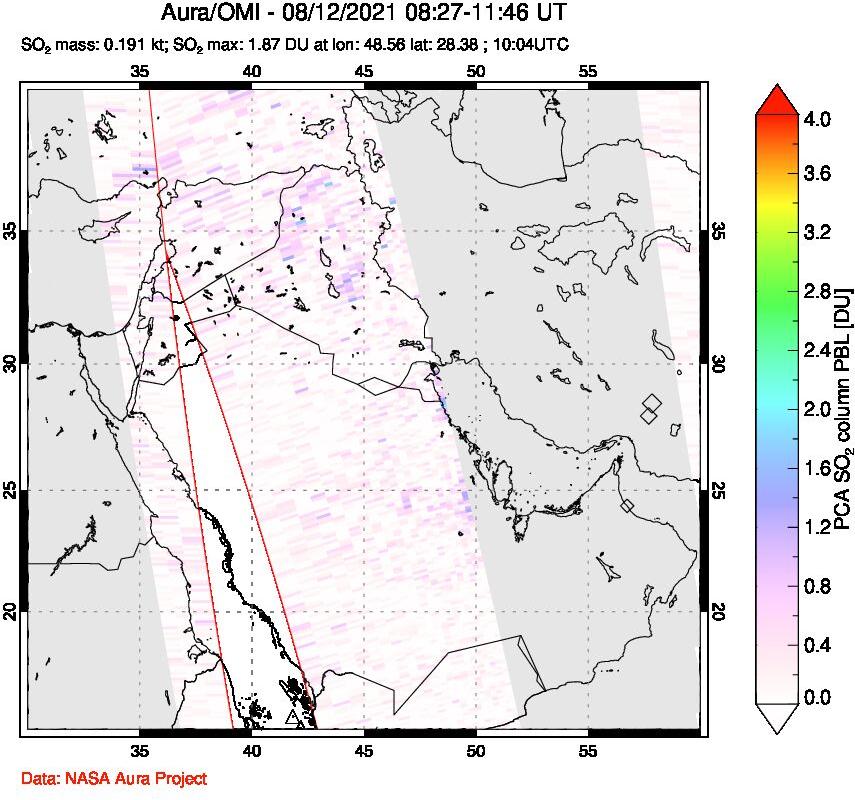 A sulfur dioxide image over Middle East on Aug 12, 2021.