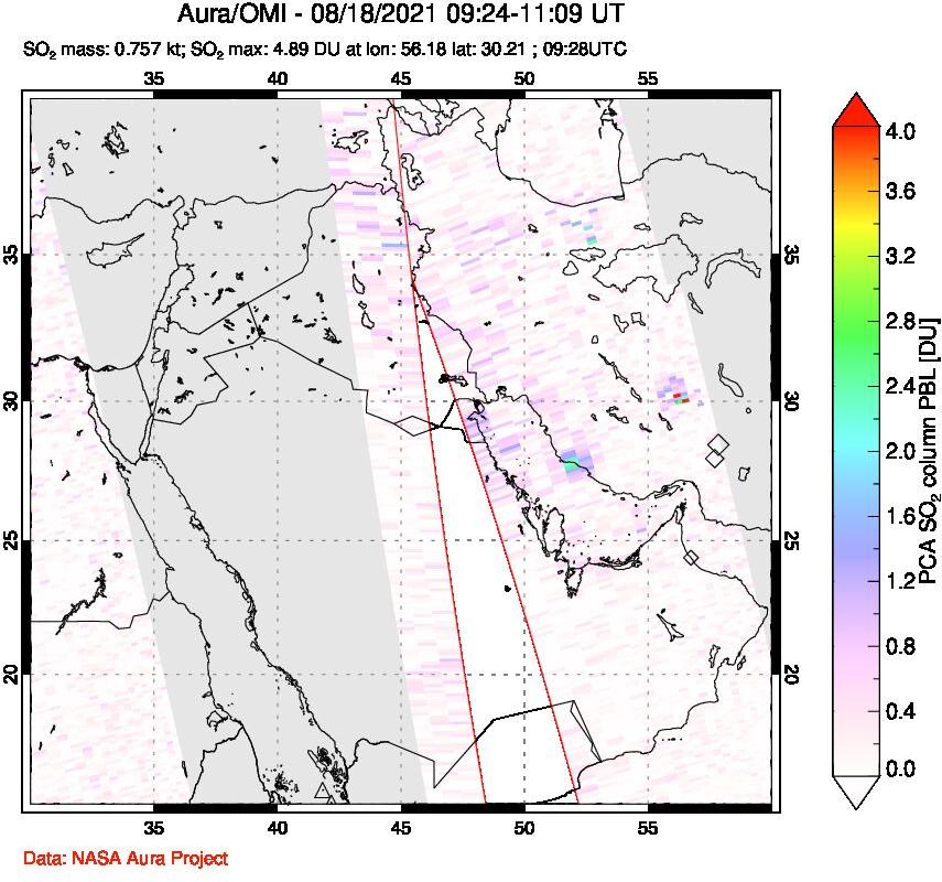 A sulfur dioxide image over Middle East on Aug 18, 2021.