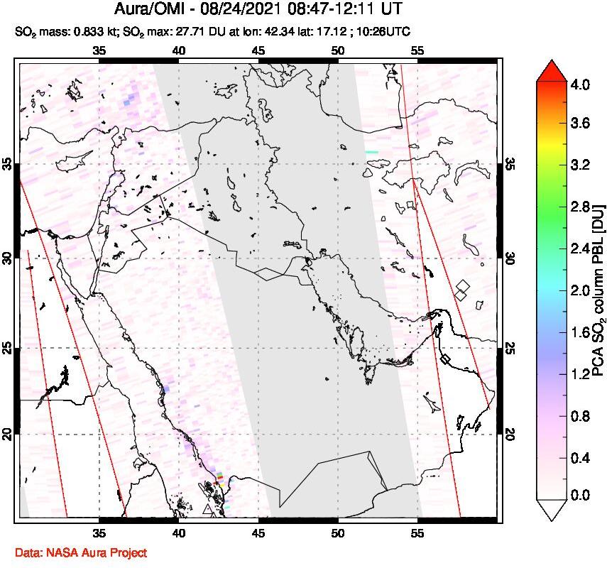 A sulfur dioxide image over Middle East on Aug 24, 2021.
