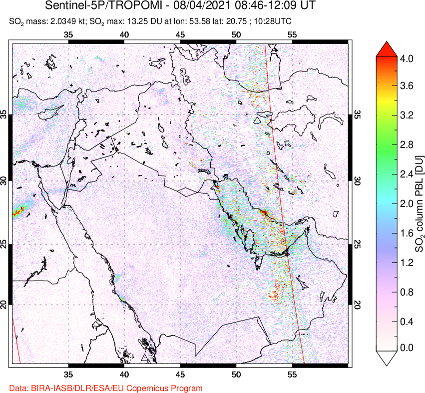 A sulfur dioxide image over Middle East on Aug 04, 2021.