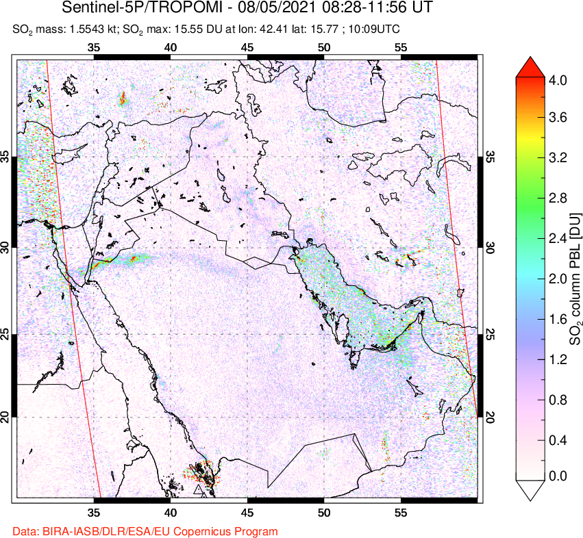 A sulfur dioxide image over Middle East on Aug 05, 2021.