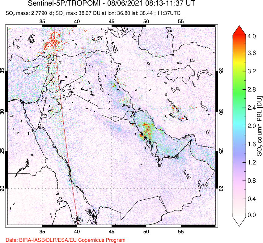 A sulfur dioxide image over Middle East on Aug 06, 2021.