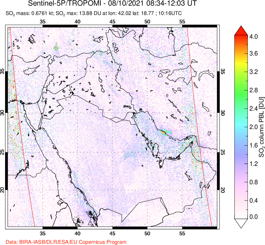 A sulfur dioxide image over Middle East on Aug 10, 2021.