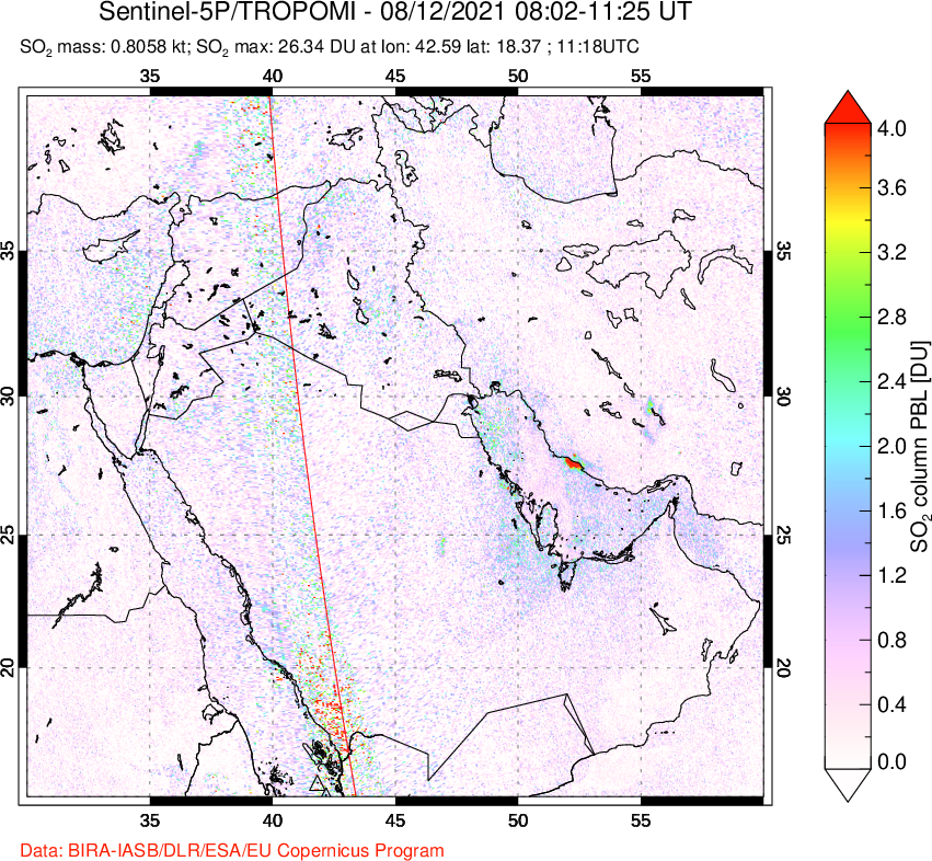 A sulfur dioxide image over Middle East on Aug 12, 2021.