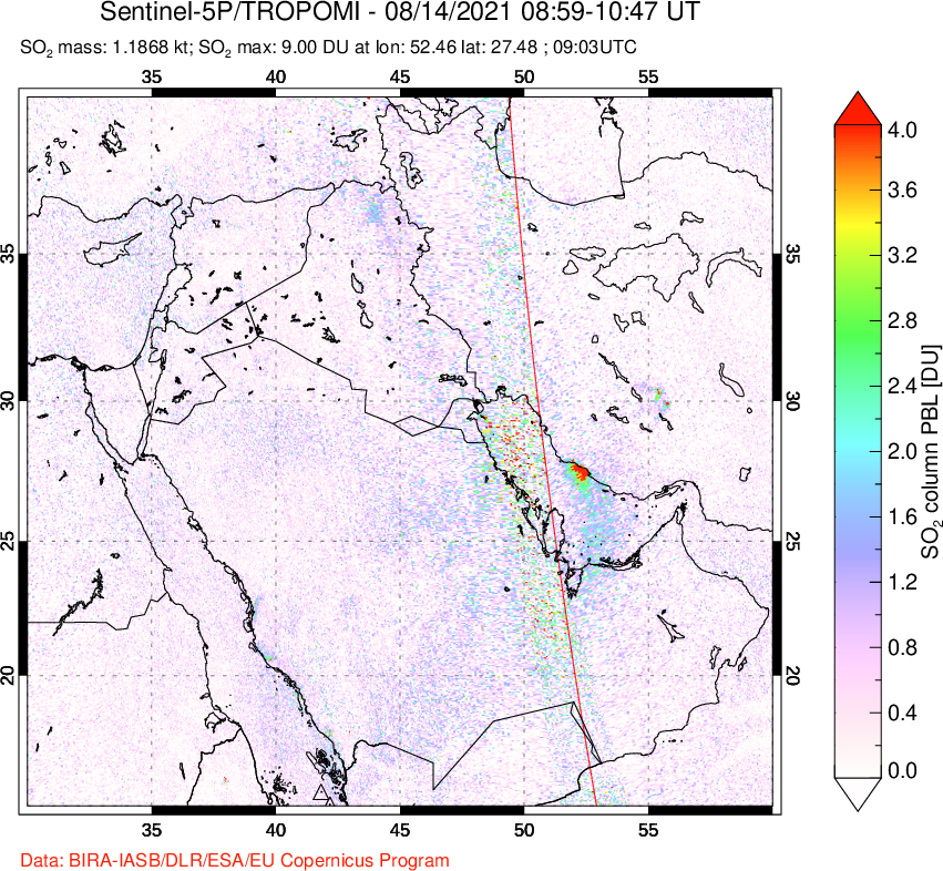 A sulfur dioxide image over Middle East on Aug 14, 2021.