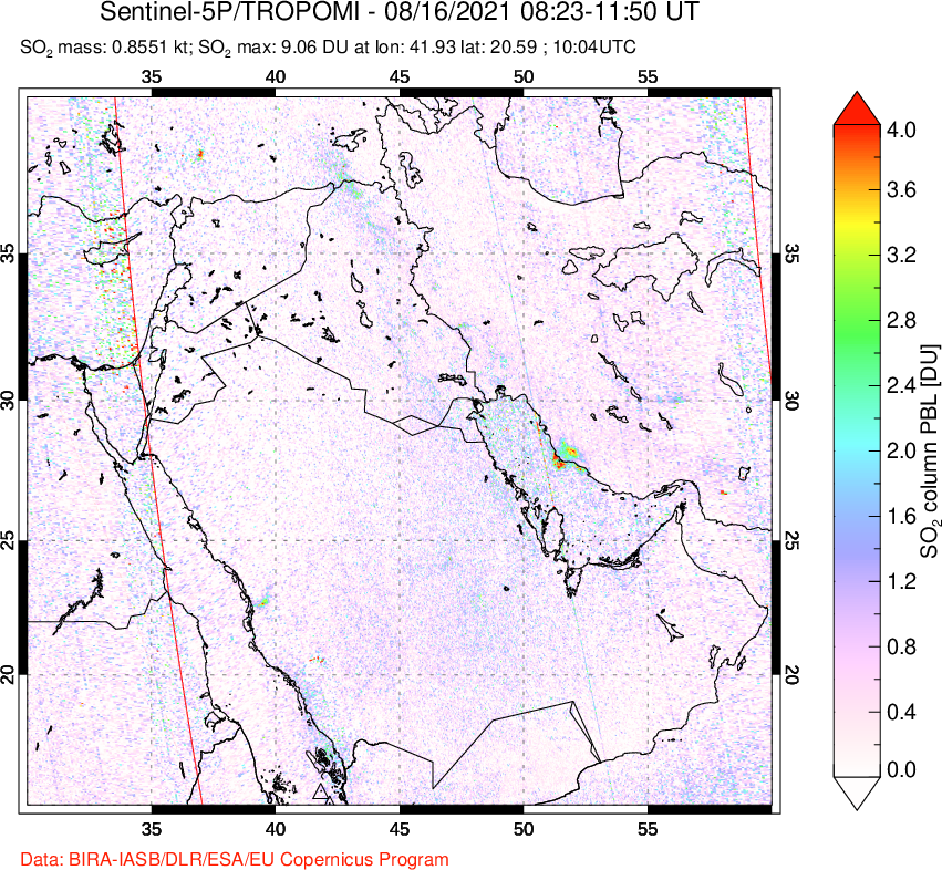 A sulfur dioxide image over Middle East on Aug 16, 2021.