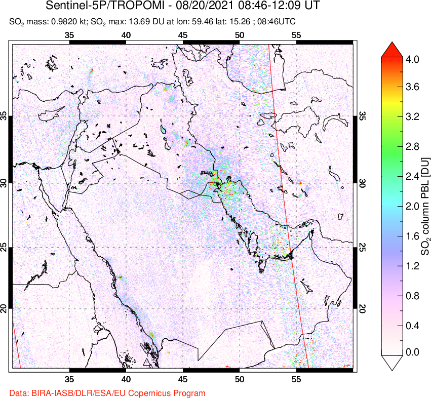 A sulfur dioxide image over Middle East on Aug 20, 2021.