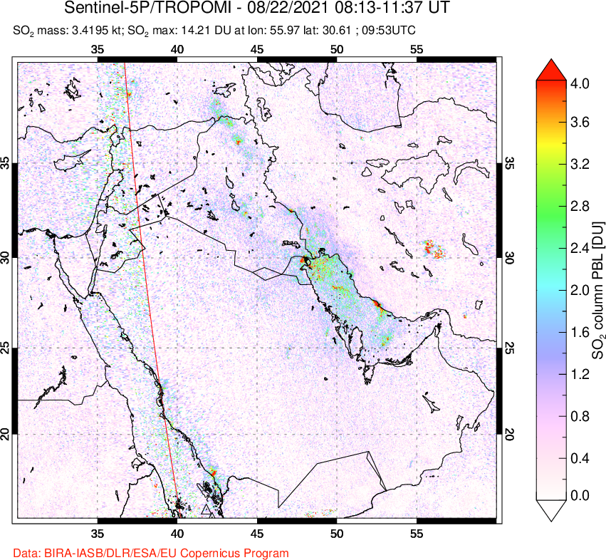 A sulfur dioxide image over Middle East on Aug 22, 2021.