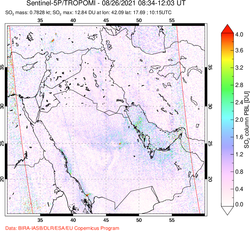 A sulfur dioxide image over Middle East on Aug 26, 2021.