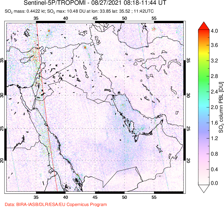 A sulfur dioxide image over Middle East on Aug 27, 2021.