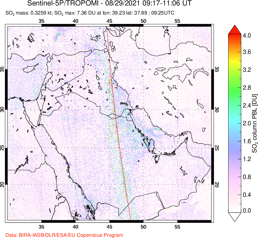 A sulfur dioxide image over Middle East on Aug 29, 2021.