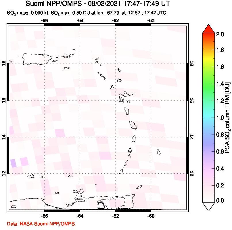 A sulfur dioxide image over Montserrat, West Indies on Aug 02, 2021.