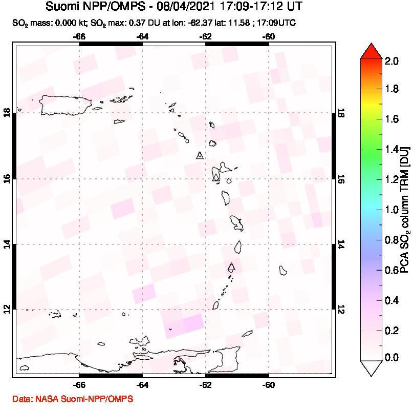 A sulfur dioxide image over Montserrat, West Indies on Aug 04, 2021.
