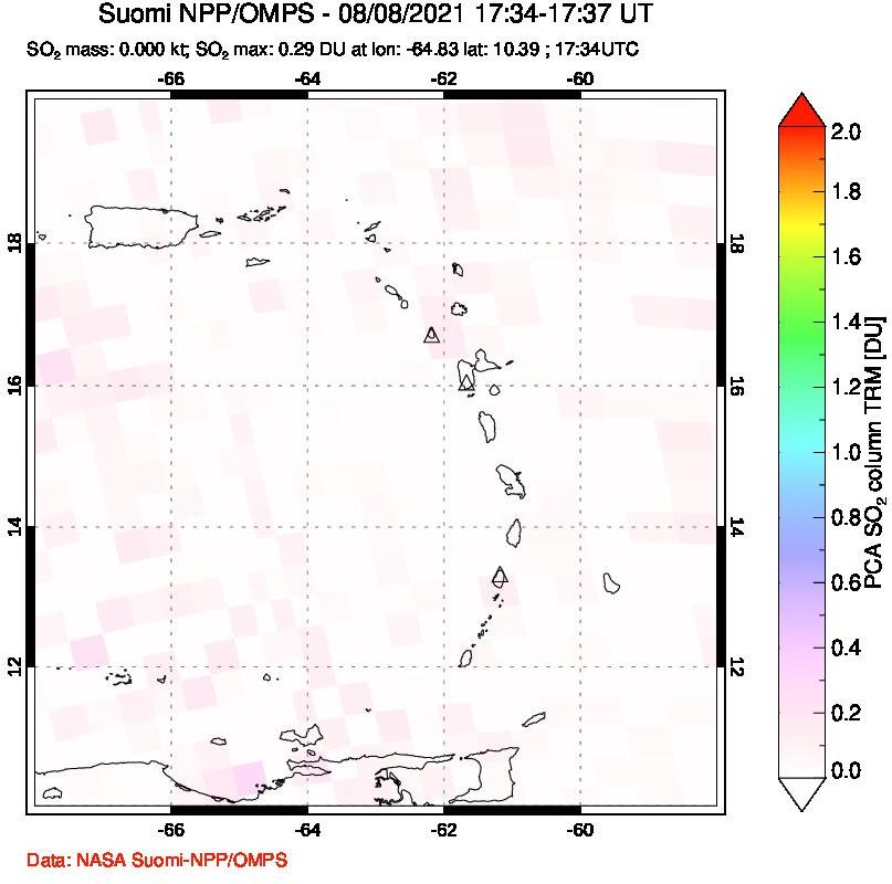 A sulfur dioxide image over Montserrat, West Indies on Aug 08, 2021.