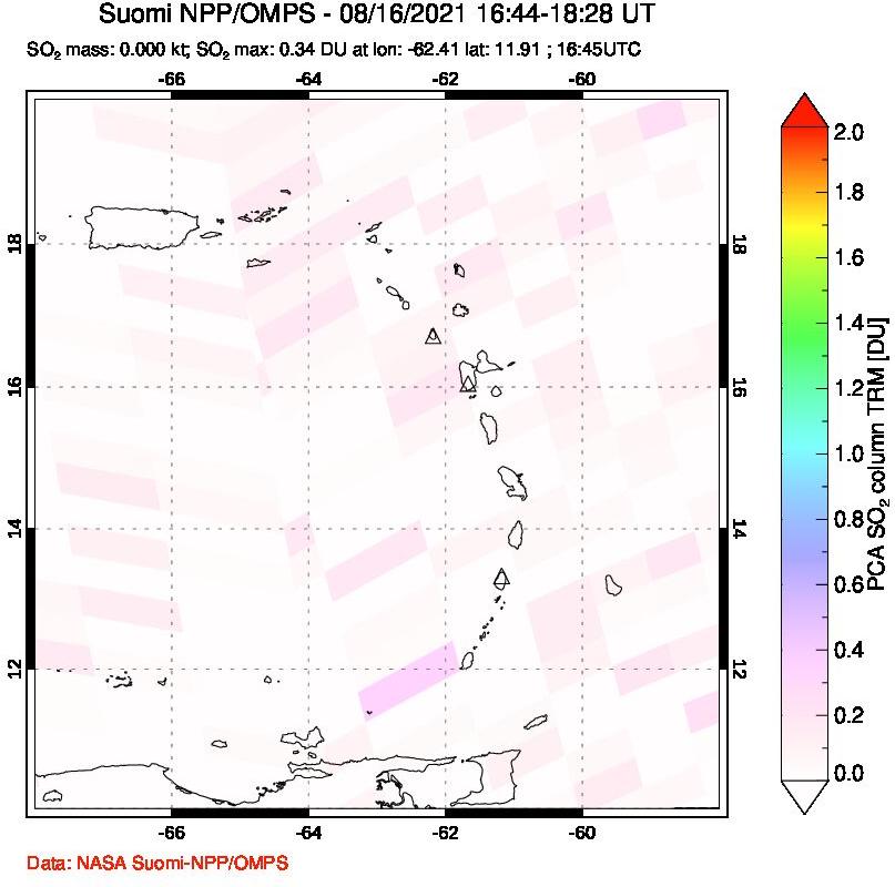 A sulfur dioxide image over Montserrat, West Indies on Aug 16, 2021.