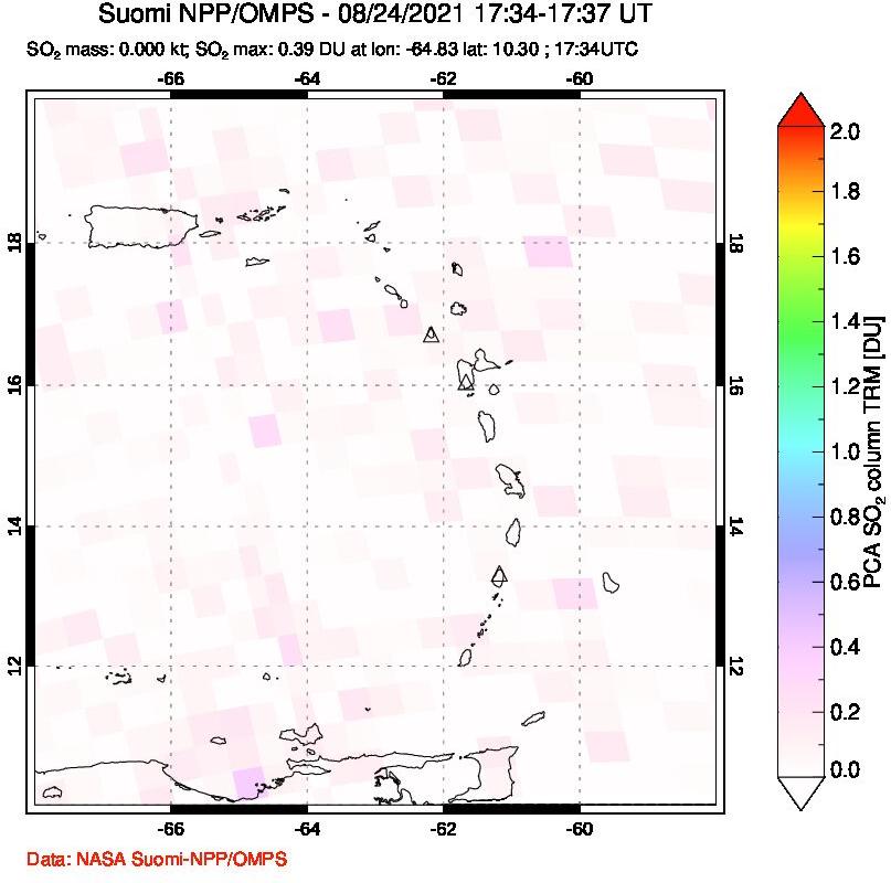 A sulfur dioxide image over Montserrat, West Indies on Aug 24, 2021.
