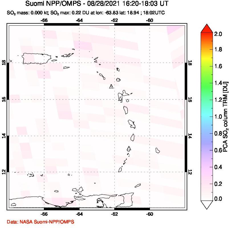A sulfur dioxide image over Montserrat, West Indies on Aug 28, 2021.